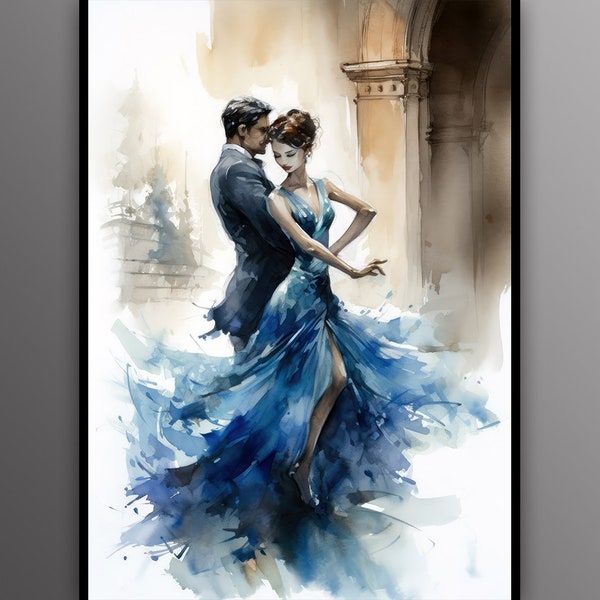 Peinture numérique à l'aquarelle d'un homme et d'une femme dansant de salon | Danse de valse | Art mural imprimable | Art numérique