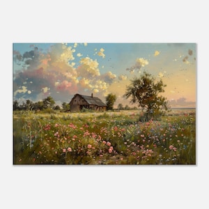 Rustikale Scheune auf dem Land mit Wildblumen Wiese, Schlafzimmerdeko, Landschaftsbild, Wanddeko | Sommer Wiese Gemälde Wandkunst