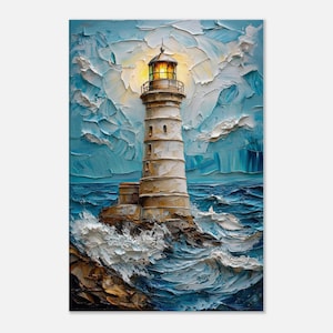 Textured Effect Lighthouse Impasto-style Oil Painting, Coastal Wall Art with Bold Brushstrokes, Nautical Decor, Ocean Waves, Seascape Decor