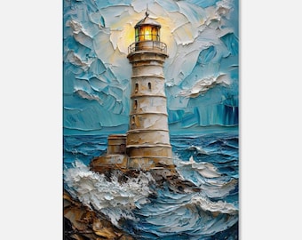 Lighthouse Impasto Oil Painting Textured Effect Canvas Print, Coastal Wall Art, Nautical Seascape Decor