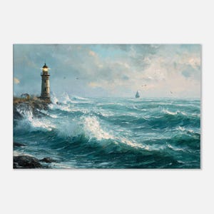 Puede incluir: Pintura al óleo que representa un faro en una costa rocosa, con olas rompiendo contra las rocas. El cielo está nublado y un barco navega en la distancia. La paleta de colores incluye tonos de azul, blanco y marrón.