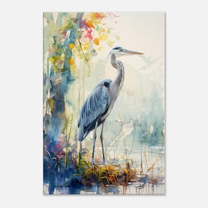 Maestoso airone azzurro acquerello da parete, decorazione per la casa con animali selvatici, stampa ispirata alla natura su tela,