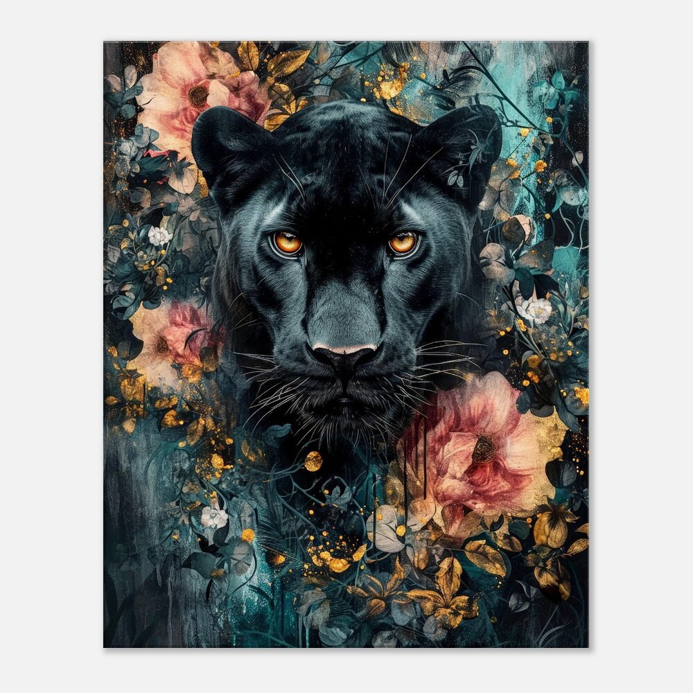 Quadro Su Tela Panther Print - Stampa Artistica Con Fiori Di Dalia Lilla, 46x31 Cm, Cornice In Legno Di Pino 18 Mm - Pronto Da Appendere