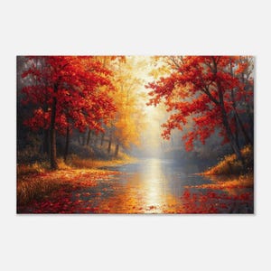Op de afbeelding: Een levendig schilderij van een herfstlandschap. Rode en gele bomen omlijsten een rustige rivier die het zonlicht weerspiegelt. Gevallen bladeren bedekken het water en de oever, waardoor een warme scène ontstaat. Het kunstwerk roept een gevoel van vrede en de schoonheid van de natuur op.