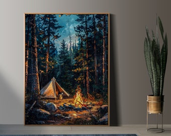 May include: A painting depicting a campsite nestled within a forest at night. A white tent is pitched in the centre of the scene, with a campfire burning in front of it. The trees are tall and dark, and the sky is a deep blue with a few stars visible.
