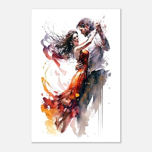 Poster - Romantisches Tanzendes Paar, Elegante Tanz Wand Dekoration, Lebendige Pinselstriche, Expressive Kunst, Blaues Kleid Eleganz, Premium Matt Papier
