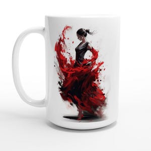 Energetic Character Dancer Red Dress Art Cup, White Ceramic Coffee Mug, Gift for Dancer or Dance Teacher, Gift for Her, Modern Dance Art