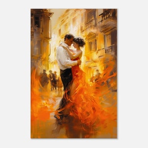 街並みの中で踊るロマンチックなカップル、都会のロマンス、情熱的なカップルのウォールアート、鮮やかなストリートダンスの絵画、キャンバスプリント、モダンなウォールアート