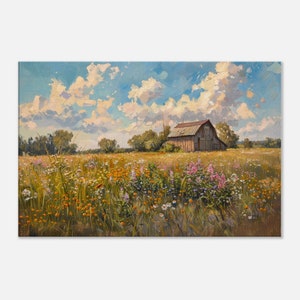 Gemälde einer rustikalen Scheune inmitten einer blühenden Wiese, lebhafte Wildblumen, ländliche Landschaft, ruhige Naturszene, Leinwanddruck Wandkunst,