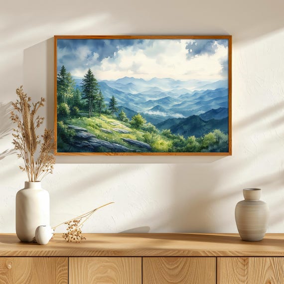 ブルーリッジ山脈の風景画水彩画、自然アート、スモーキーマウンテンの