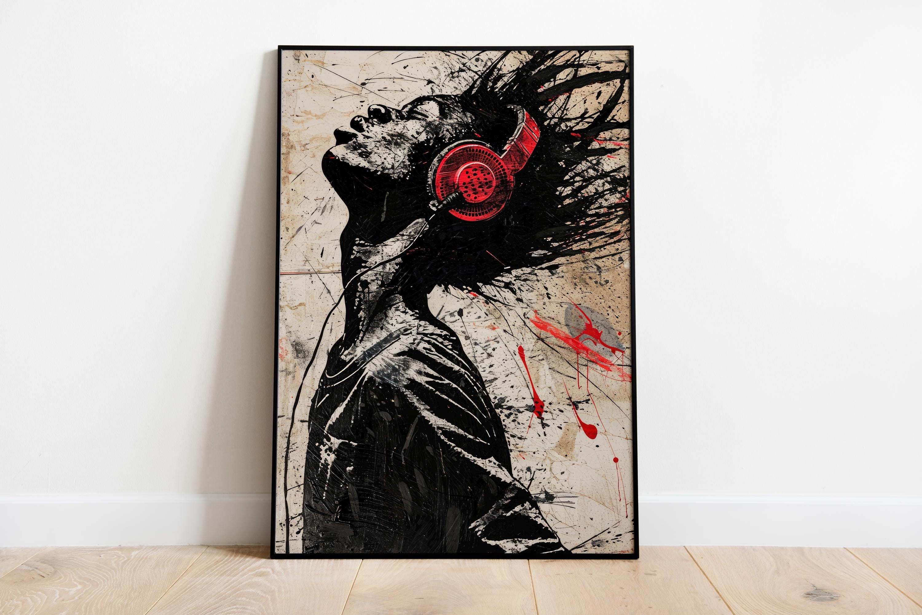 POSTER - Abstract Music Art Print, Black and Red Headphones