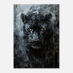 May include: A striking painting of a black panther with piercing yellow eyes. The artwork features detailed fur and a dramatic, dark background with gold accents, creating a sense of depth and intensity. The panther is the focal point.