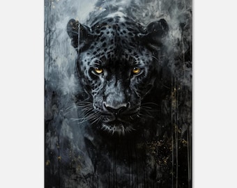 POSTER - Black Panther Wildlife Wall Art Print, Moody Jungle Leopard Painting, Dramatic Dark Aesthetic Big Cat Poster for Modern Home Decor