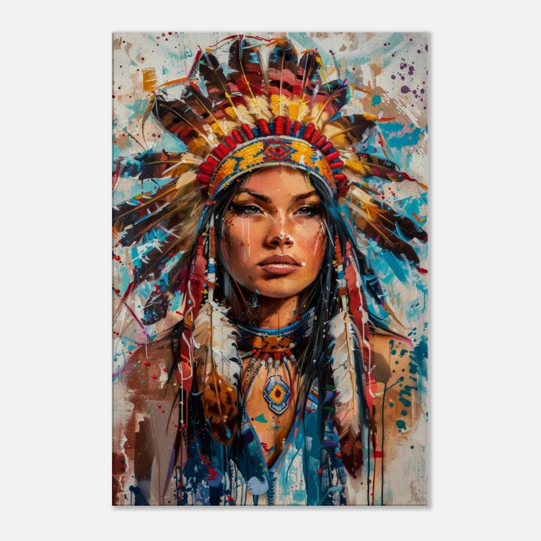 ネイティブアメリカンの女性の肖像画、スプラッターペイントの