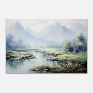 Mountain Misty Peaks Lake Landscape, Rustic Cabin, Watercolor Art, Tranquil Nature Wall Decor, Peaceful Scenic Painting, Pastel Watercolors