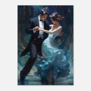 POSTER - Romantisches Gesellschaftstanz Paar, Eleganter Tanz, Lebendige Pinselstriche, Ausdrucksstarke Wandkunst, Blaues Kleid Eleganz, Premium Matt Papier