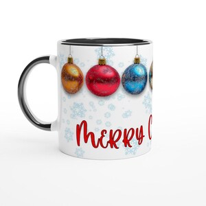 Merry Christmas with Colorful Ornaments 11oz Ceramic Mug with Color Handle and Inside, Holiday Gift Idea for Friends and Family
