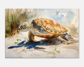 Watercolor Sea Turtle Canvas Print, Coastal Beach House Decor