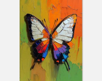 Stampa artistica astratta con dipinto a olio con farfalle colorate, vivace decorazione da parete, audace opera d'arte realizzata con spatola, pezzo fatto a mano ispirato alla natura