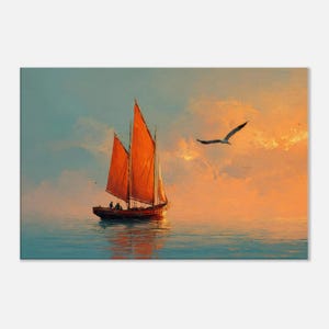 Red Sailboat Wall Art Canvas Print, Ocean Sunset Seascape Painting, Nautical Coastal Decor, Sailing Artwork, Beach House Wall Decor