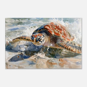 Sea Turtle Watercolor Print, Coastal Wall Decor, Marine Wildlife Painting, Ocean Life Decor for Beach House, Nature Artwork, Canvas Print
