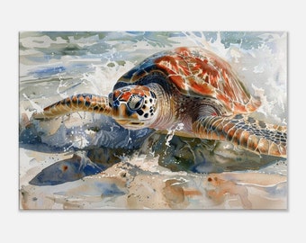Sea Turtle Watercolor Canvas Print, Coastal Beach House Decor