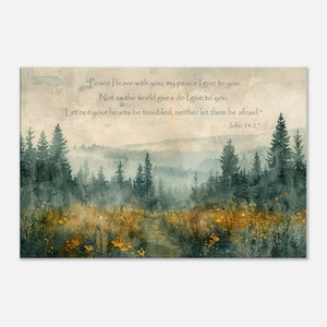 Paesaggio del sentiero nella foresta dipinto ad acquerello con la scrittura Giovanni 14:27, arte murale cristiana, versetto della Bibbia, stampa artistica su tela sottile