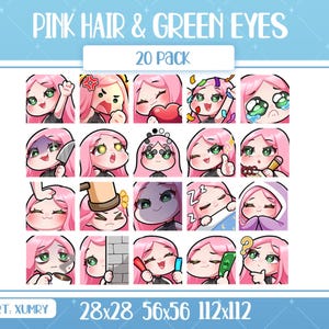 Könnte beinhalten: Eine Sammlung von 20 digitalen Emotes mit einem Charakter mit rosa Haaren und grünen Augen, die jeweils einen anderen Ausdruck zeigen. Der Text "PINK HAIR & GREEN EYES" und "20 Pack" sind enthalten. Das Bild enthält auch den Text "ART: XUMRY" und Größenangaben.