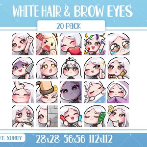 Puede incluir: Un conjunto de 20 emotes digitales que muestran un personaje con cabello blanco y ojos marrones. Cada emote expresa una emoción diferente, como alegría, ira o tristeza. La imagen incluye el texto "WHITE HAIR & BROW EYES" y "20 Pack".