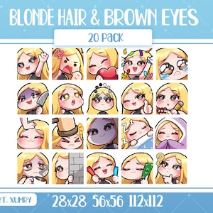 Puede incluir: Un conjunto de 20 emotes digitales que presentan un personaje rubio con ojos marrones, cada uno mostrando una emoción diferente. El texto "BLONDE HAIR & BROWN EYES" y "20 PACK" están en la parte superior. Los tamaños son 28x28, 56x56 y 112x112 píxeles.