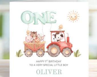 Personalised 1st Birthday Farm Animal Tractor One Card | Personalised Special Little Boy, Girl, Son, Daughter | First Birthday Card