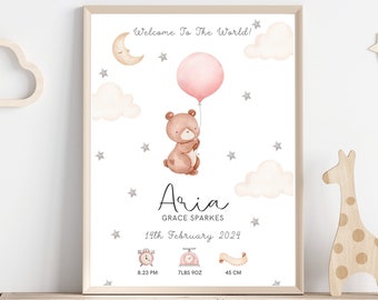 New Baby Personalised Pink Bear Print | Birth Details Print | Keepsake Gift| New Baby gift |New baby | Newborn gift | Baby Girl Gift