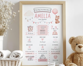 Personalised Day You Were Born Baby Birth Print with Birth Details - Perfect New Baby Gift, Christening or First Birthday Keepsake