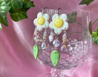 Daisy hoop earring, dangly polymer clay beaded earrings