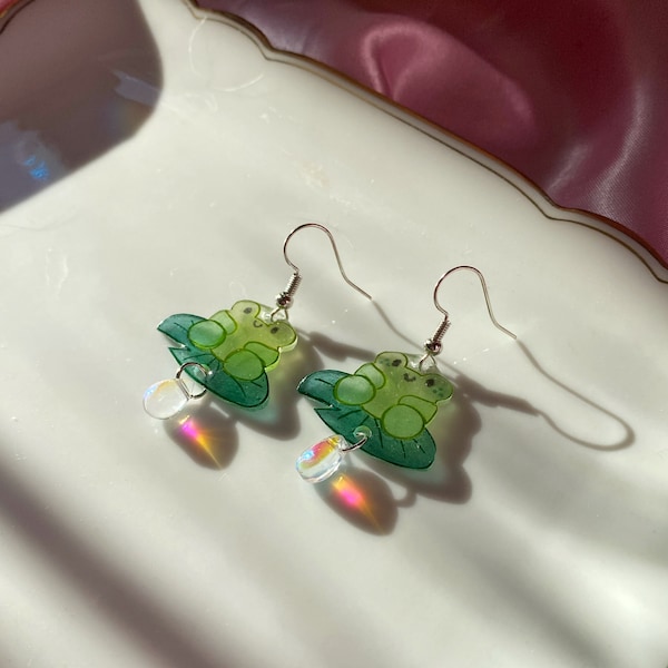 Lily pad frog earrings