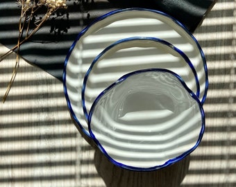 Modern white and blue rim dinnerware, Stoneware dinner side snack plates, Salad soup bowls, Serving tableware, Ceramic art by Manya