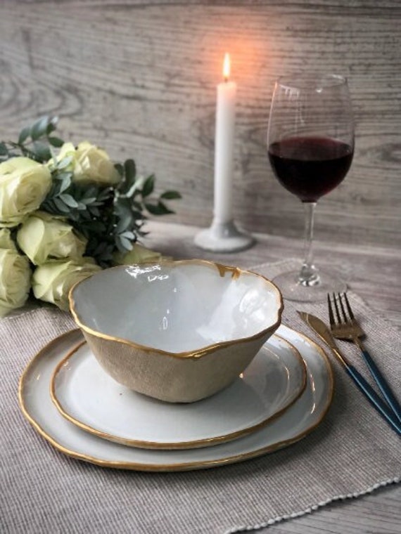 Juego de vajilla con borde blanco y dorado apto para microondas platos de merienda de gres para la cena vajilla para servir tazones de sopa y ensalada arte de ceramica moderna