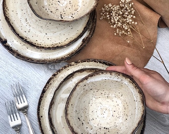 Vajilla rústica, Platos de merienda de gres para la cena, Vajilla de cerámica para servir, Tazones de sopa de pasta para ensalada, Arte cerámico moderno de Manya