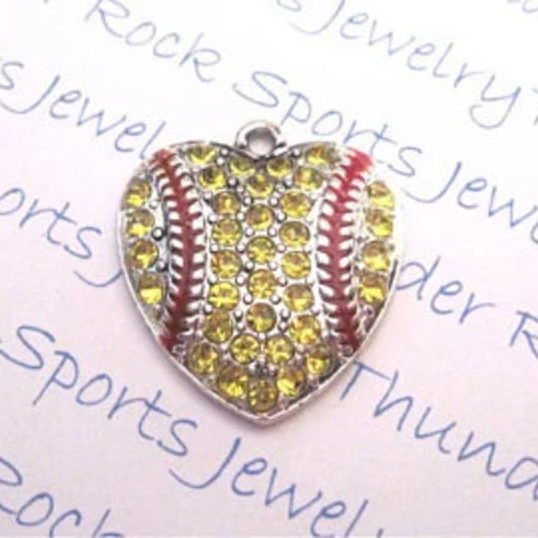 SOFTBALL HEART CHARM, softball pendant, softball crystal charm, softball jewelry, softball keychain, softball necklace, softball bracelet