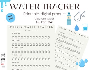 Druckbare Wasser-Tracker|Wöchentliche Tägliche Wasseraufnahme Tracker|Hydratation Tracker|Water Challenge, Drink Water Reminder, A4