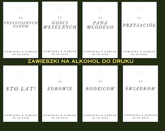 Zawieszki na alkohol DIY na wesele minimalistyczne do druku PDF