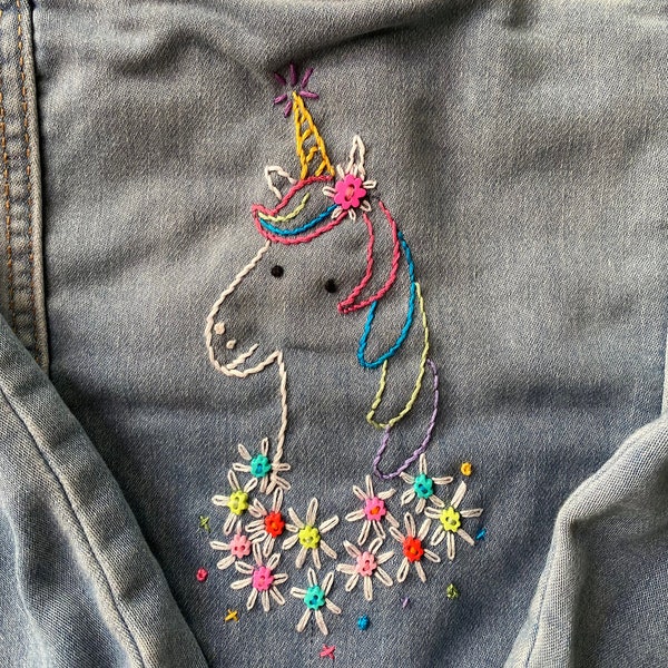 Denim Blue Jean Child's Hand Embroidered Jacket with Unicorn Child's Small