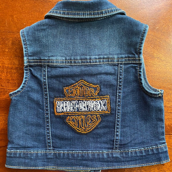 Denim Blue Jean, Hand Embroidered Child's Harley Davidsons  Upcycled Vest Size 3T