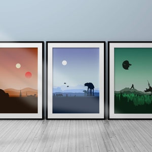 Láminas minimalistas con temática de Star Wars, trilogía original: Tatooine, Hoth, Endor, descarga digital, póster de Star Wars, guardería de Star Wars