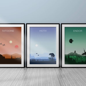 Láminas minimalistas con temática de Star Wars, trilogía original: Tatooine, Hoth, Endor, descarga digital, póster de Star Wars, guardería de Star Wars
