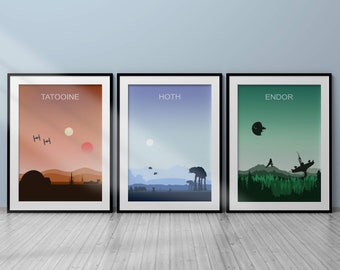Minimalist Star Wars Themed Prints Original Trilogy: Tatooine, Hoth, Endor, Digital Download, Star Wars Poster, Star Wars Nursery