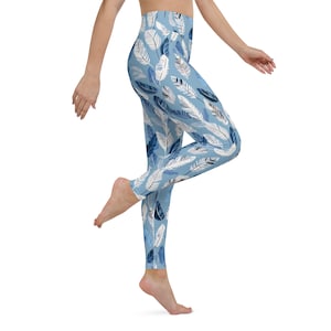 Leggings de yoga bleus plumes : pantalon de sport taille haute