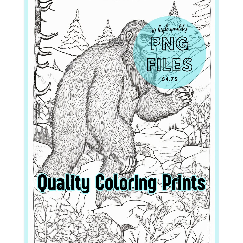 Bigfoot Sasquatch 10 Coloring Pages, Digital Download, Adult Coloring