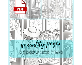 Fashion Dress Shopping Coloring Pages, 10 PDF Coloring Pages, Kids Coloring Pages, Adult Coloring Pages, Adult Coloring, Coloring Books