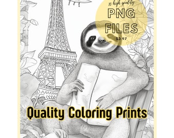 Adult Coloring Pages, 10 Vacation Sloth Coloring Pages, Digital Download, Adult Coloring Books, Adult Coloring, Stress Relief, Coloring